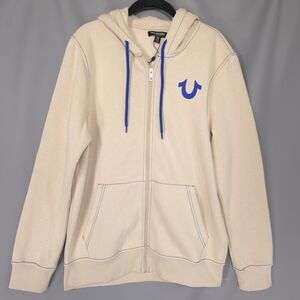 TRUE RELIGION Men's New MEDIUM Full Zip Hoodie Fog Beige Buddha Guitar 701400